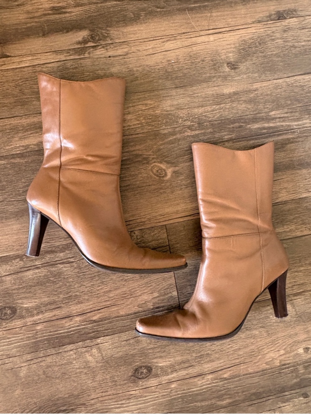 Women's Camel Leather Mid-Calf Heeled Boots